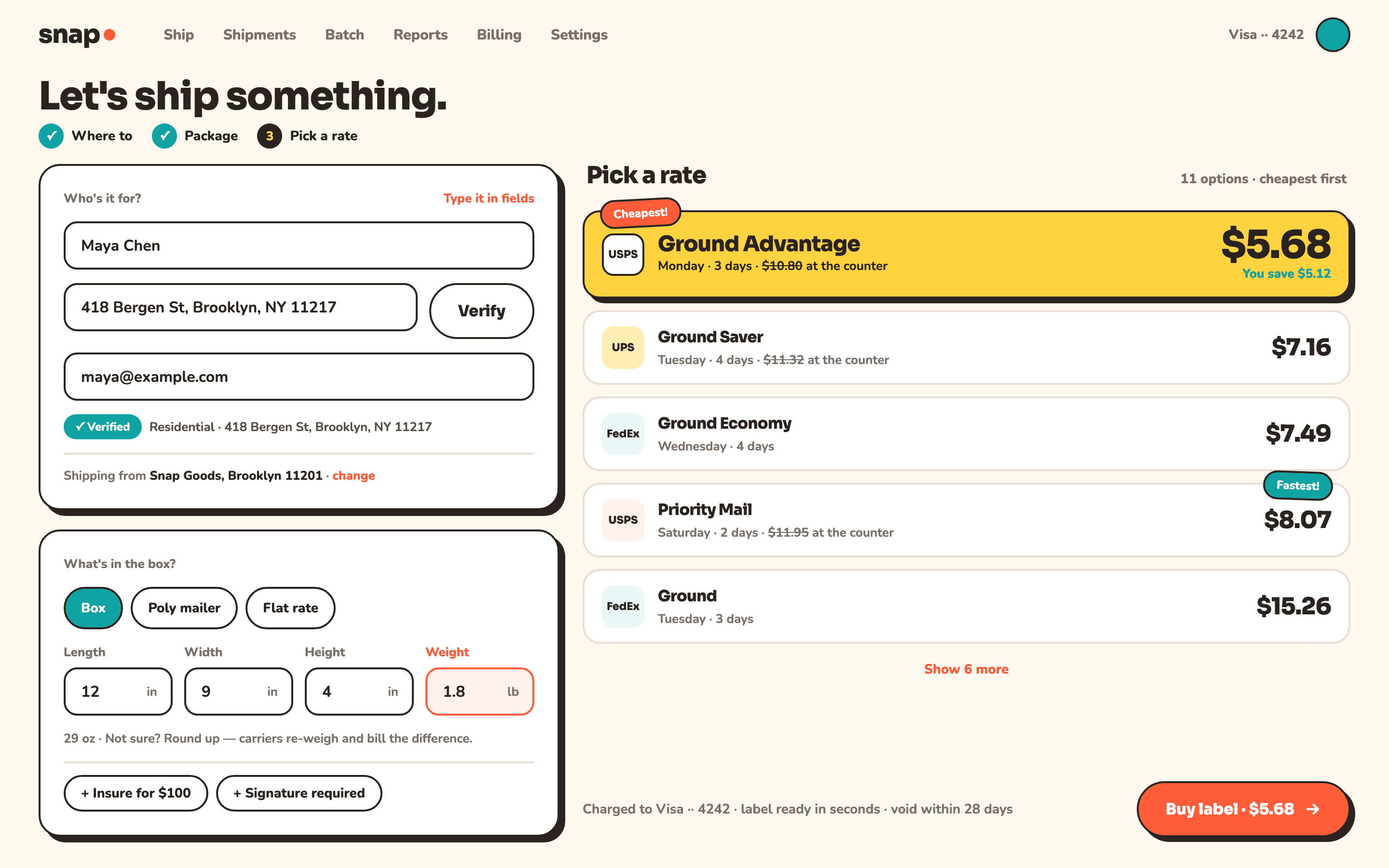 The Snap Ship screen: a verified address, every carrier's rate as a card, and the cheapest highlighted