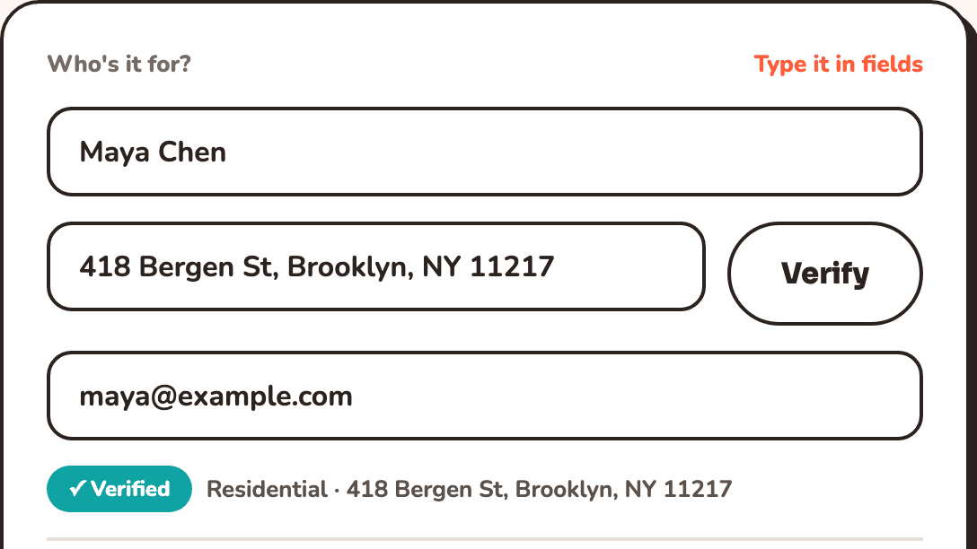 An address pasted as one line, verified as residential