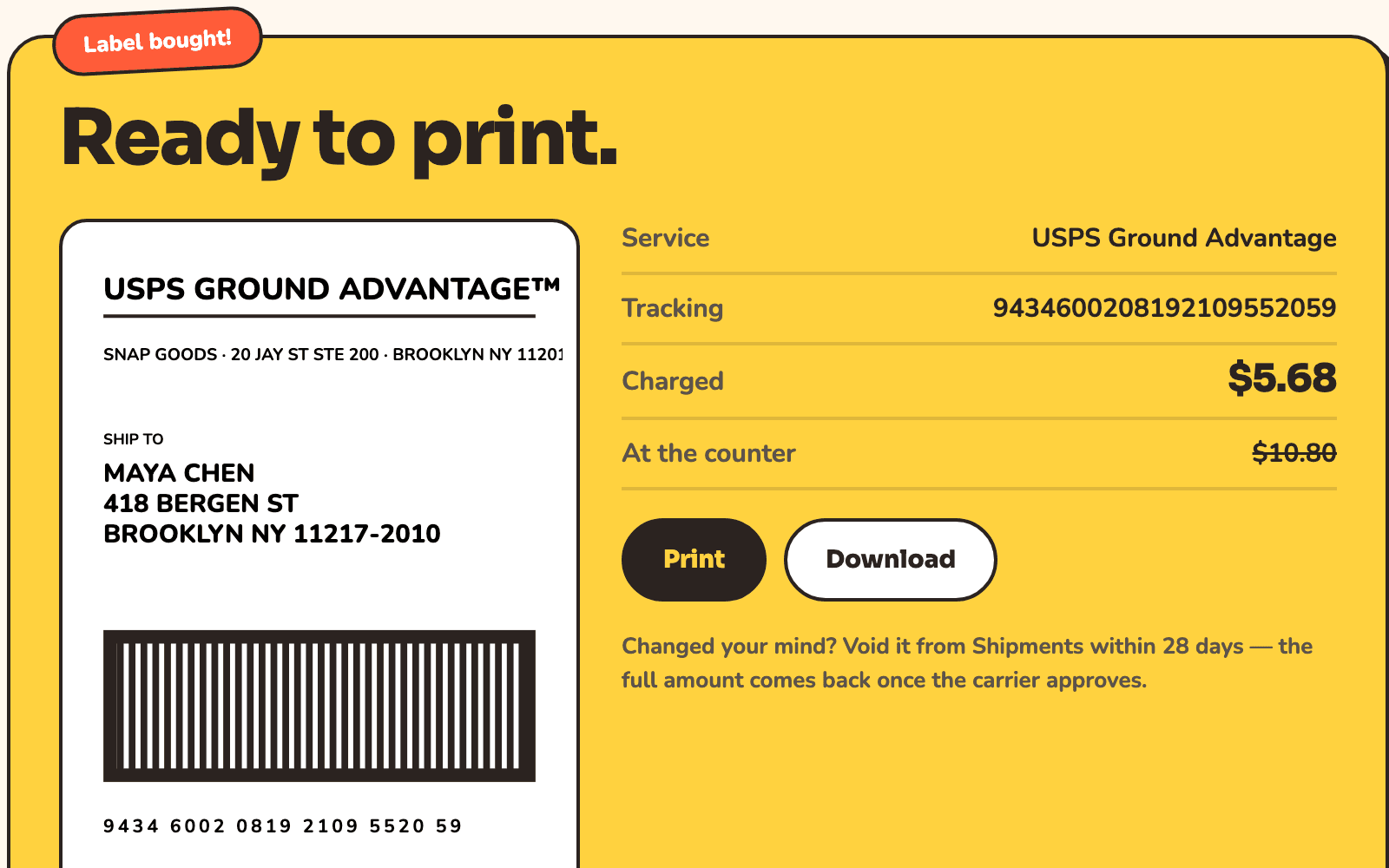 A bought label ready to print, with tracking number and price